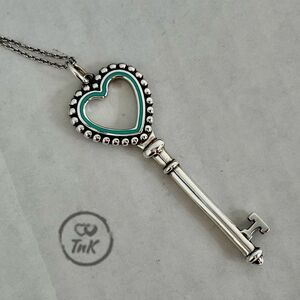 Tiffany & Co Large 2" Teal Blue Enamel Heart Beaded Trefoil Key Charm Pendant Ne